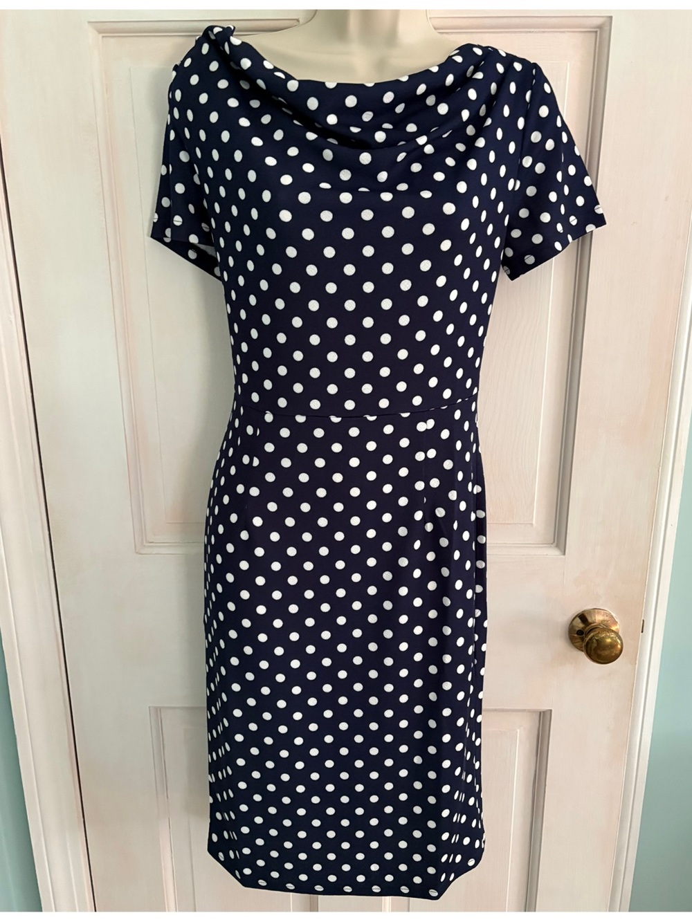 Navy Polka Dot Cowl Neck Midi Dress